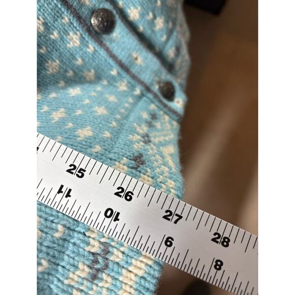 LL Bean Sweater Womens 1X Teal Nordic Lambs Wool Fair Isle Snow Flake Cardigan - Picture 8 of 11